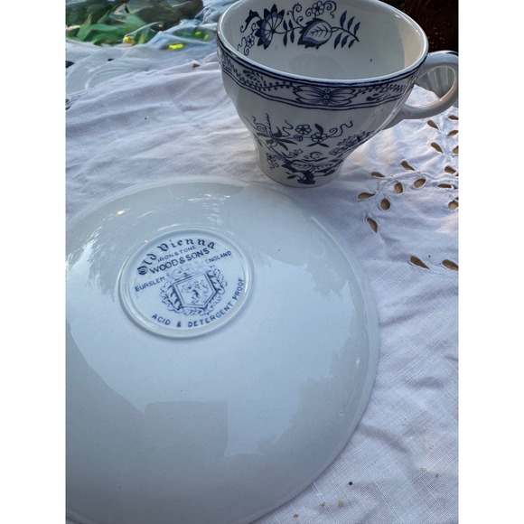 Wood and Sons Old Vienna Blue White Ironstone Tea Cup Saucer Set England Vintage - Picture 7 of 7